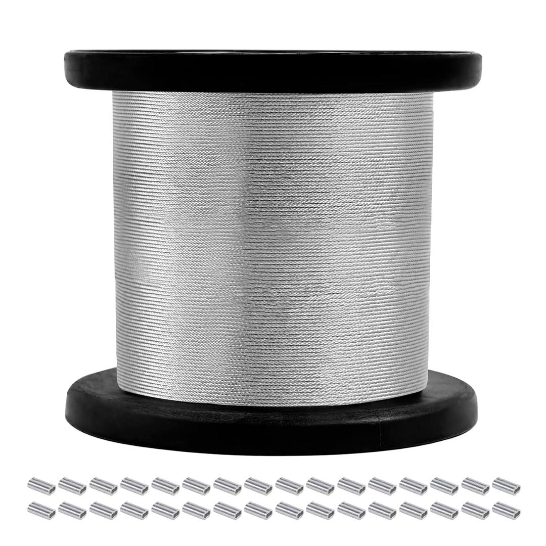 316 Stainless Steel Cable, 400FT 1/32IN Wire Rope 7 * 7 Strand with 100Pcs Aluminum Sleeves Crimp, Thin Metal Wire Rope Cable for Hanging, Clotheslines, Trellis Wires, Garden Wires