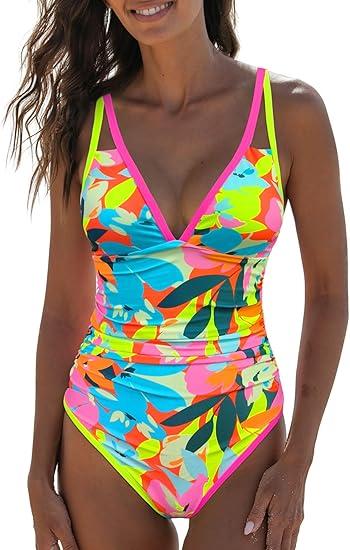 popvil Women's One Piece 2025 Tummy Control Swimsuits Neon Color Block Swimwear Deep V Neck Slimming Bathing Suit (Large, Blue Floral)