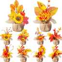 Giegxin 10 Pcs Thanksgiving Fall Halloween Artificial Potted Flowers Fall Decor Fake Potted Plants with Pumpkin, Sunflower, Maple Leaf, Pine Cone for Autumn Harvest Decor, Table Centerpiece(Burlap)