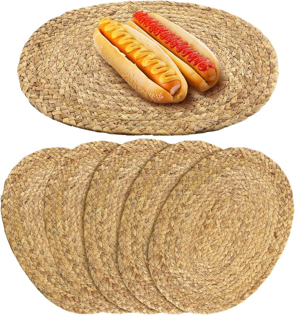 Bencailor 6 Pcs Jute Woven Placemats Natural Braided Placemats Heat Resistant Decorative Table Mats Set of 6 Boho Vintage Table Mats for Christmas Home Dining Kitchen Parties Decoration(Oval)
