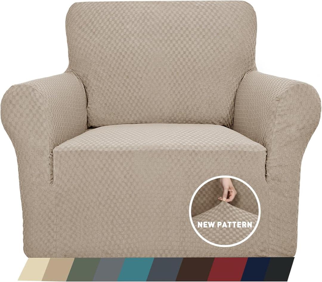 ZNSAYOTX 1 Piece Jacquard Chair Slipcovers for Living Room High Stretch Chair Covers with Arms Anti Slip Pets Friendly Couch Sofa Armchair Cover Furniture Protector (Chair, Khaki) (Small (31"-46"))