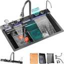 Black Kitchen Sink 304 Stainless Steel Undermount/Drop In Waterfall Single Bowl Kitchen Workstation Sink with Pull-Out Faucet & Accessories (Whale, 31.5inch)