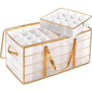 SONGMICS Large Christmas Ornament Storage Box, 3-Inch Balls, 8 Trays, 128 Slots, Plastic Christmas Storage Container with Lid, Dual Zippers, Side Handles, Sandy Gold URFB029A01