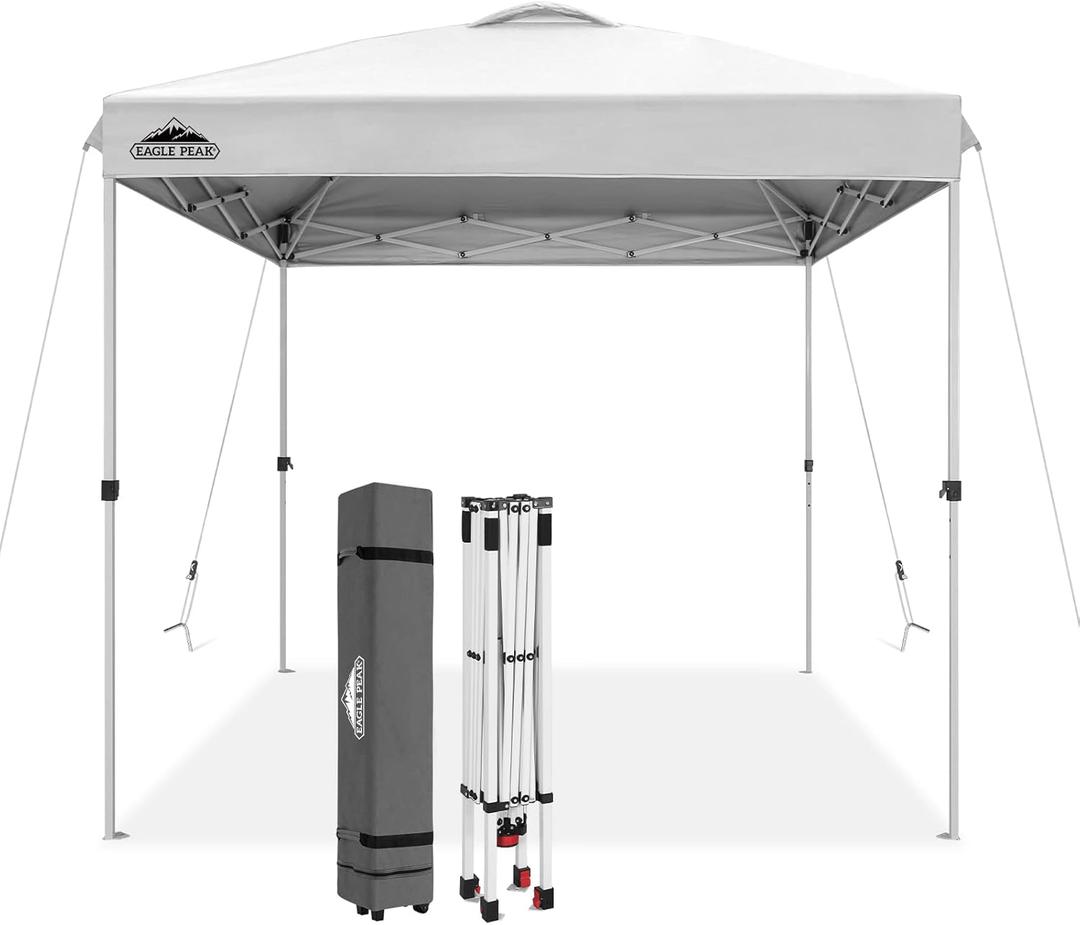EAGLE PEAK Pop Up Canopy Tent with Wheeled Carry Bag, 8 Stakes, 4 Ropes, Easy Set Up Tent Canopy, 8x8 ft White EAGLE PEAK Pop Up Canopy Tent with Wheeled Carry Bag, 8 Stakes, 4 Ropes, Easy Set Up Tent Canopy, 8x8 ft White