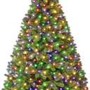 6FT Prelit Fluffy Noble Fir Artificial Christmas Tree with 500 Multicolor Lights& 9 Modes, Hinged Branches& 1400 Tips, Artificial Christmas Tree Includes Stand with Foot Switch for Holiday Home Decor (Natural Green)