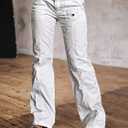 Flamingals Straight Leg Pants for Women Mid Rise Casual Front Patch Pocket Design Solid Seam Pants (White, XL)