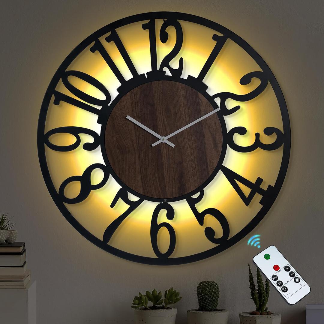 LEIKE Large Wall Clock 30'' Lighted Rustic Wood Clock with Remote Timer, Silent Battery Operated Modern Oversized Wall Clock for Living Room, Bedroom, Farmhouse, Home Decor, Large Number Display