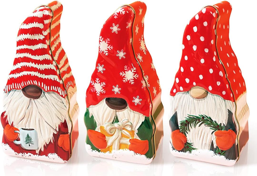 Whaline 3 Pack Christmas Food Tin Box Stripe Dot Snowflake Gnome Design Candy Tin Containers Metal Cookie Tin Jar with Lid for Storing Treat Chocolate Christmas Wrapping Party Favor Supplies, 3 Style