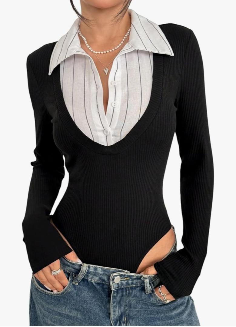 SOLY HUX Women's Striped Long Sleeve Bodysuits Button Down Tshirts Collared 2 in 1 Tops Preppy Clothes, Small