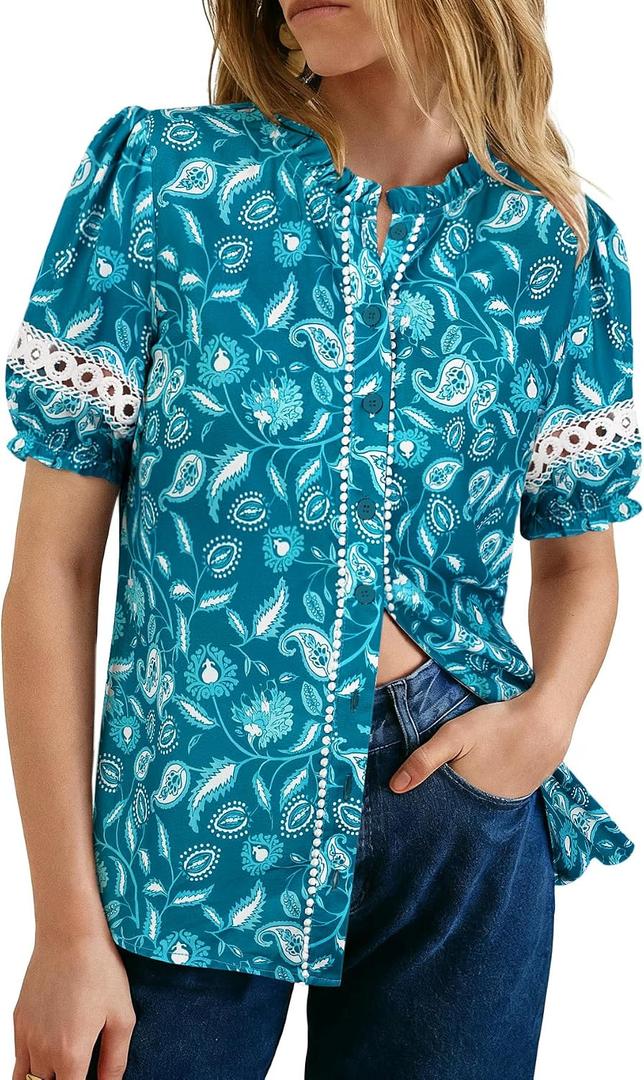 GRACE KARIN Women Boho Floral Tops, Summer Short Eyelet Sleeve Dressy Casual Shirts, Spring Button Down Blouse 2026 Trendy (Blue, XXL)
