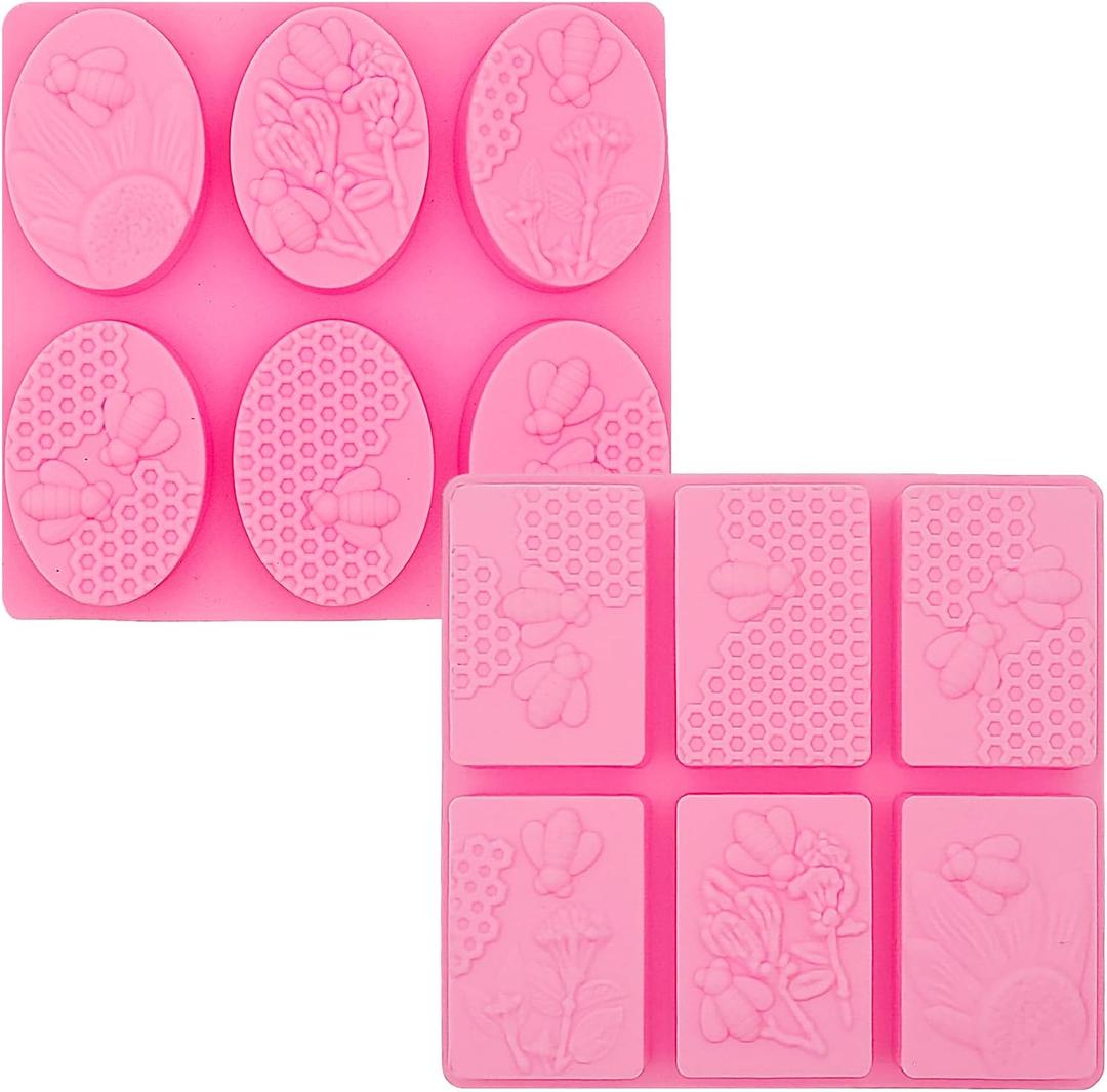 2 Pcs Honeycomb Soap Molds Bee Honey Silicone Molds Cake Molds Beehive Chocolate Mold Set for Home Handmade DIY Candle Baking Tray Bars Wax Melts Beeswax Tool (Pink, 2 Shapes) (Ellipse and Rectangle)