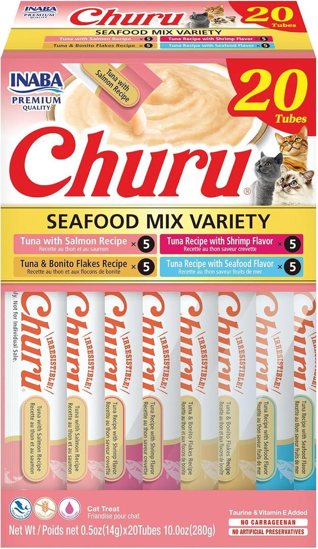 INABA Churu Cat Treats, Lickable, Squeezable Creamy Pure Cat Treat with Green Tea Extract & Taurine, 0.5 Ounces Each Tube, 20 Tubes, Seafood Variety Box (EXP 02/28/26)
