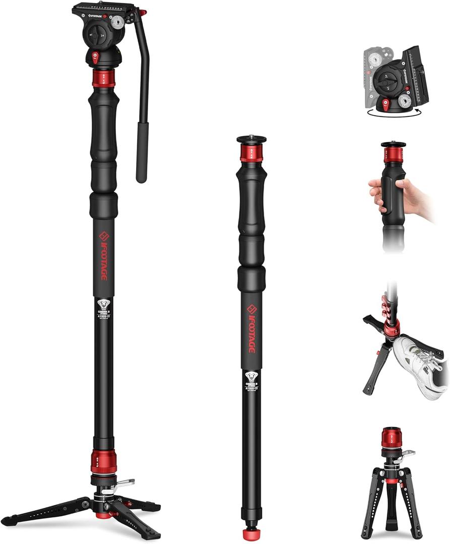 IFOOTAGE Cobra 3 Strike Monopod A150S- with Fluid Head Komodo K5S, One-Touch Lifting Aluminum Video Monopod with Removable Tripod Base, Payload 11lb 60"/150cm