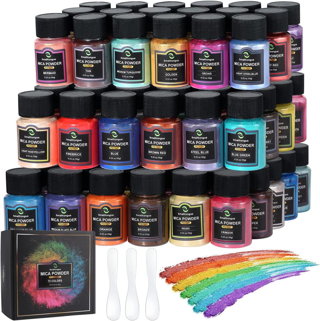 Smalltongue Mica Powder for Epoxy Resin, 72 Colors, 0.35 oz(10g) Bottles Mica Glitter, Mica Pigment for Lip Gloss, Soap Making, Bath Bomb, Art Crafts, Resin Dye, Nails