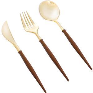 N9R 90Pcs Gold Plastic Silverware Heavy Duty, Elegant Disposable Plastic Silverware with Wood Grain Handle, Gold Plastic Cutlery Set Include 30 Forks, 30 Spoons, 30 Knives Perfect for Wedding, Party