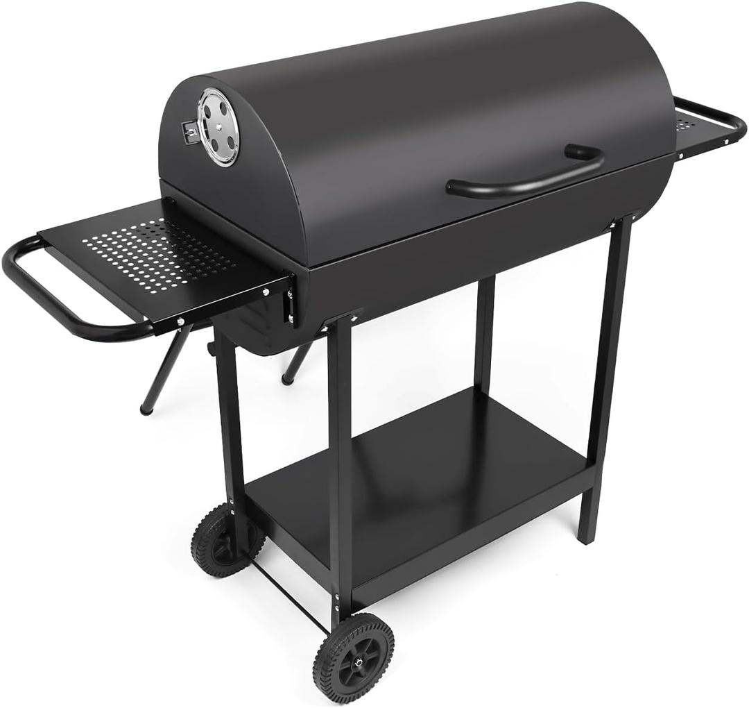 Double Charcoal Barrel Grill with Two Side Shelf, Stainless Steel Heavy Duty Grill For Outdoor Camping Backyard Picnic Party