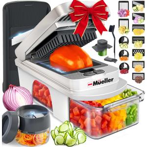 Mueller Pro-Series All-in-One, 12 Blade Mandoline Slicer for Kitchen, Food Chopper, Vegetable Slicer and Spiralizer, Cutter, Dicer, Grater, Kitchen Gadgets Sets with Container, White Sand/Gray