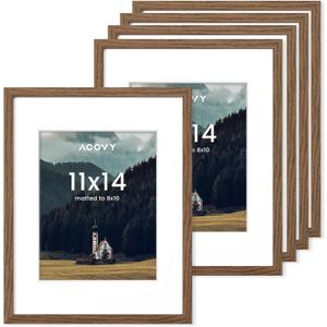 11x14 Picture Frames Set of 5, 11 x 14 Photo Frame with Mat for 8x10 or 11"x14" without Mat, 11x14 Picture Frame with HD Plexiglass, 11 by 14 Picture Frame for Wall or Tabletop Display, Walnut