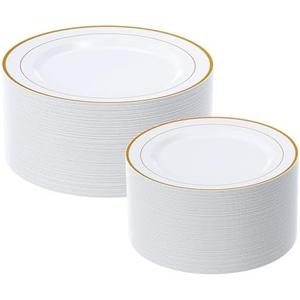 FOCUSLINE Gold Plastic Plates Set of 60, Disposable Plates with Gold Rim 30 Dinner Plates 10" and 30 Salad Dessert Appetizer Plate 7", Elegant Fancy Heavy Duty Wedding Party Plates