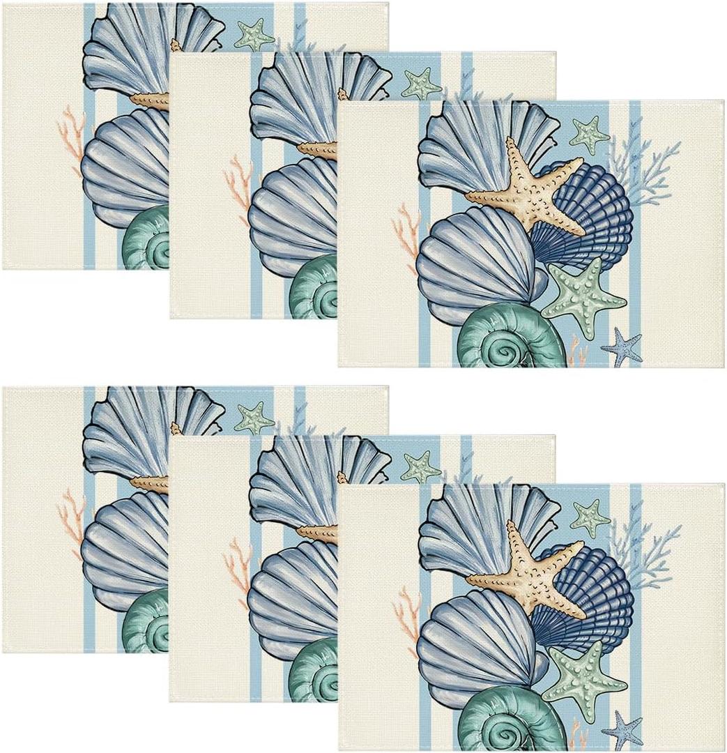 6 x Artoid Mode Sea Shell Starfish Summer Placemats Set of 6, 12x18 Inch Seasonal Holiday Table Mats for Party Kitchen Dining Decoration