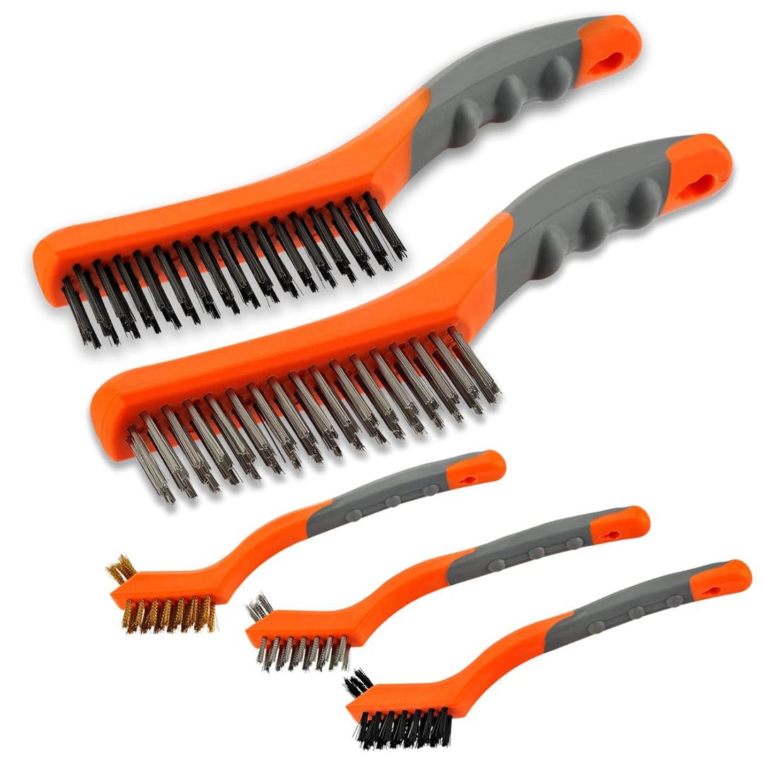 Wire Brush Set 5PCS, Nylon/ Brass/ Stainless Steel/ Carbon Steel Bristles Wire Scratch Brush with Curved Rubber Handle for Cleaning Rust, Corrosion, Dirt, Paint Scrubbing, Deep Detailing Cleaning, Orange