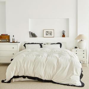 SUSYBAO Black Ruffle Duvet Cover King 100% Washed Cotton Cute White Lace Duvet Cover 3 Pieces Set 1 Farmhouse Shabby Chic Duvet Cover with Zipper Ties 2 Pillow Shams Soft Ruffled Bedding Set