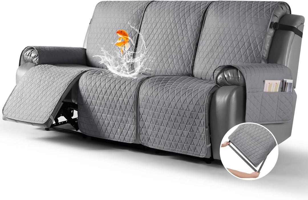 TAOCOCO 100% Waterproof Recliner Sofa Cover-Non Slip Split Couch Covers for 3 Seater Reclining Couche with Elastic Leg Straps Washable Pet Friendly (Light Gray, 3 Seater)