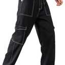 GORGLITTER Men's High Waist Baggy Jeans Wide Leg Denim Cargo Pants Contrast Stitching Skater Jeans Trousers (XXL)