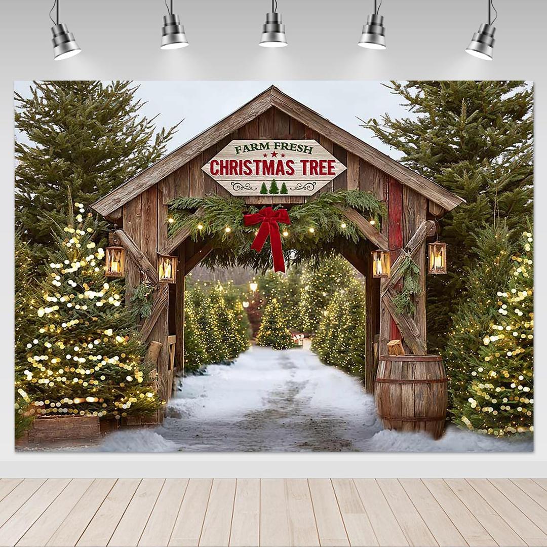 Mocsicka Christmas Tree Farm Backdrop Winter Pine Trees Winter Scene Vintage Christmas Farm Background Christmas Tree Holiday Party Photography Props (7x5ft)