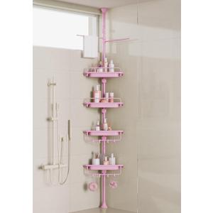 XLHOMO 32-122inch Corner Shower Caddy Tension Pole Pink, Rustproof Drill-Free Shower Shelves for Bathroom Bathtub Washbasin, Adjustable Shower Organizer with 4 Tier Patent Stable Shelves & Towel Bars, 122 inches x 13 inches x 8.4 inches