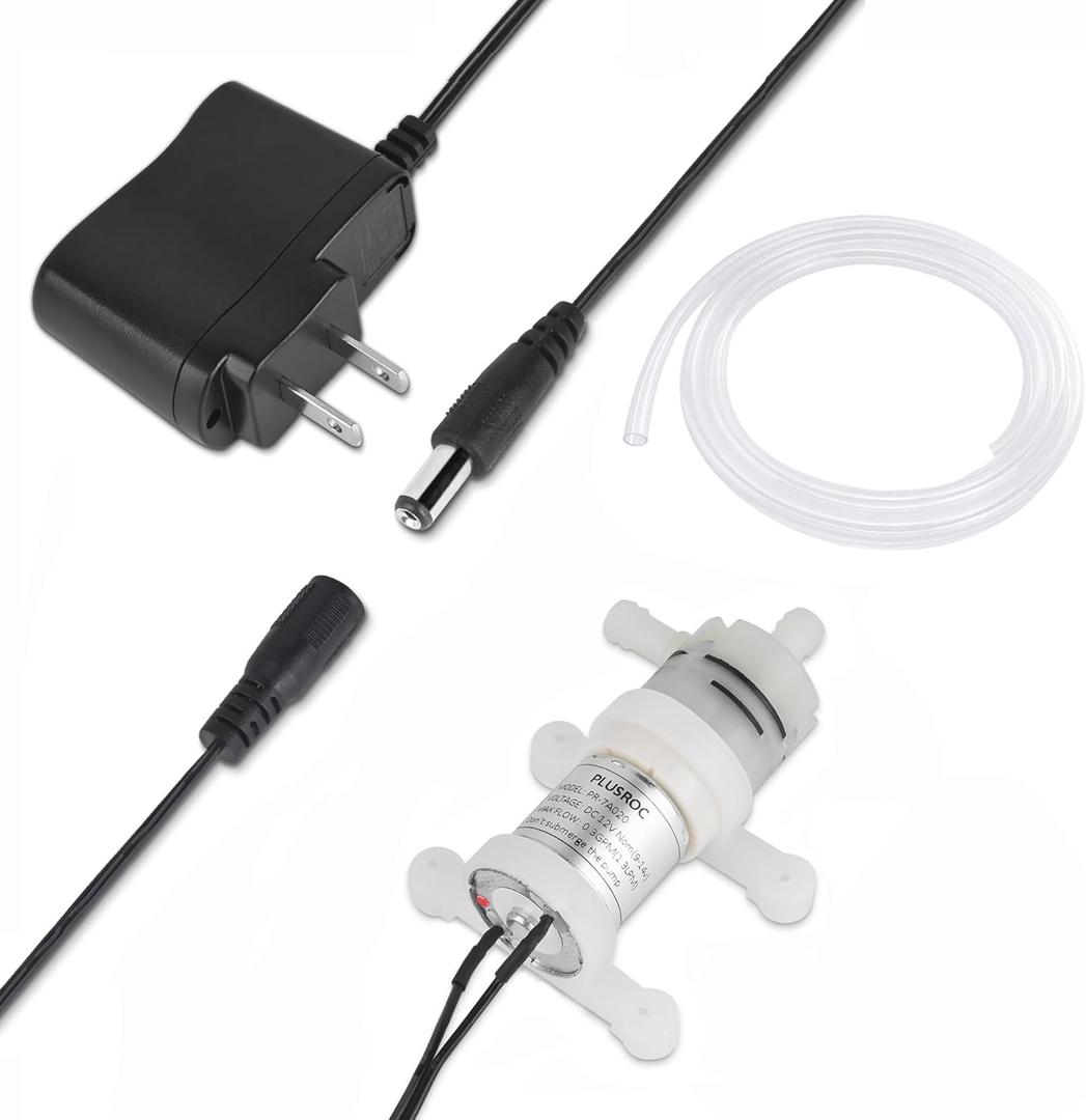 PlusRoc 12V DC Small Water Transfer Pump 1.3LPM Mini Self Priming Micro Pump with Food Grade Pipe and Power Adapter, For Ice Maker Coffee Machine Water Dispenser
