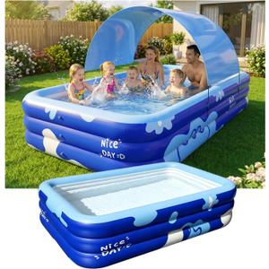 Inflatable Pool with Canopy for Adults, 118" x 69" Extra Large Blow Up Pool for Family Kids, Thickened Swimming Pool for Backyard Patio, 3-4 Mins Fast Inflation Pump Included, Duo-Tone, 118.2×69×22