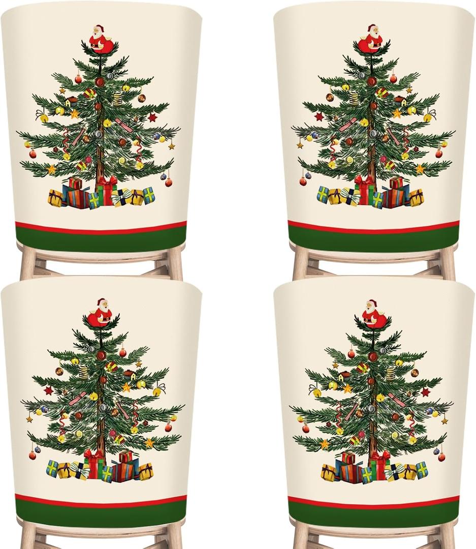 4Pcs Christmas Chair Covers Vintage Xmas Tree Dining Chair Slipcovers Retro Pine Tree Removable Seat Protector Covers for Winter Home Dining Party Supplies