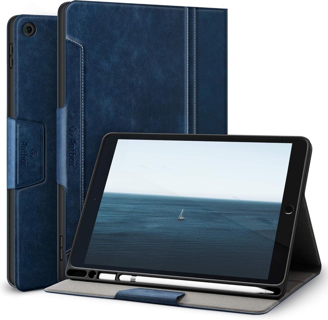 Antbox Case for iPad 9th Generation/iPad 8th Generation with Pencil Holder Vegan Leather Smart Cover for iPad 10.2'' 9th/8th/7th Gen (NavyBlue)