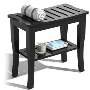 Domax Bamboo Shower Bench & Stool Waterproof - Wood Shower Bench with Storage Shelf for Inside Shower(Black)