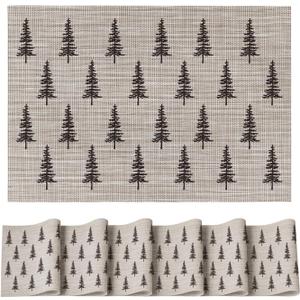Artoid Mode Xmas Tree Christmas Vinyl Placemats Set of 6, 12x18 Inch Washable Plastic PVC Non-Slip Woven Winter Table Mats for Party Kitchen Dining Decor (Beige)
