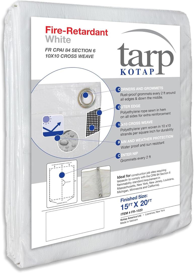 Kotap 15 x 20 Ft. Fire-Retardant Tarp for Construction Job Sites Requiring Tarpaulin, White (FR-1520)