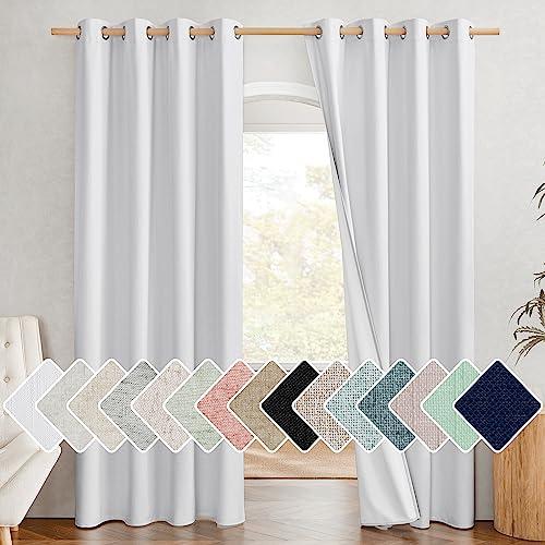 NICETOWN 100% Absolutely Blackout Linen Curtains with Thermal Insulated White Liner, White, 52 inches Wide, 84 inches Length Energy Saving Curtains for Living Room 2 Panels Set, Vertical Blinds