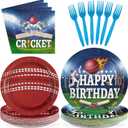 96Pcs Cricket Birthday Party Decoration Sports Theme Ball Plates and Napkins Blue Red Cricket Disposable Paper Tableware Set for Adults Kids Boys Girls Birthday Party Supplies Serves 24