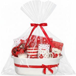 Valentine Woven Gift Basket Empty with Ribbons Bow Tie and Bag, Valentine's Day Empty Decorative Chest Box, Woven Rope Storage with Handles Home Decor(14 x 10 x 5.5 Inch,White Red)