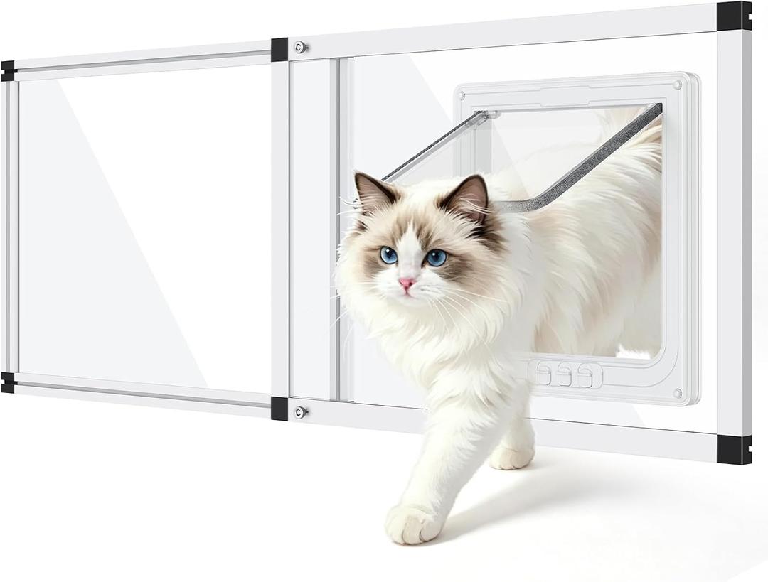 Unbreakable PC Cat Door for Window – 100% Polycarbonate | No Metal Frame & Glass | Fits 32"-37" Width Window, 1-Min Install, Adjustable Window Cat Door Insert with 4 Locking Models