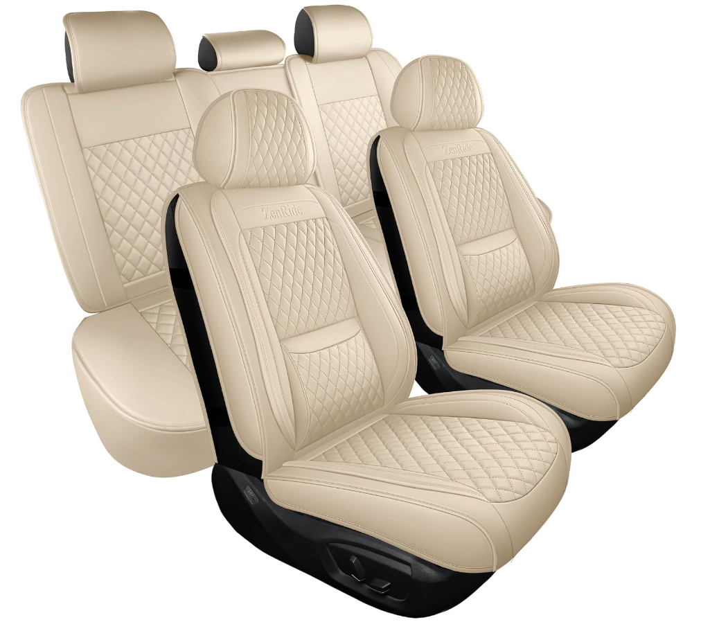Light Beige Thick Nappa Leather Automotive Front Car Seat Covers Set of 2 | Univerasal Fit,Lumbar Support,3D Contoured,Waterproof,for most Suvs Trucks Sedans