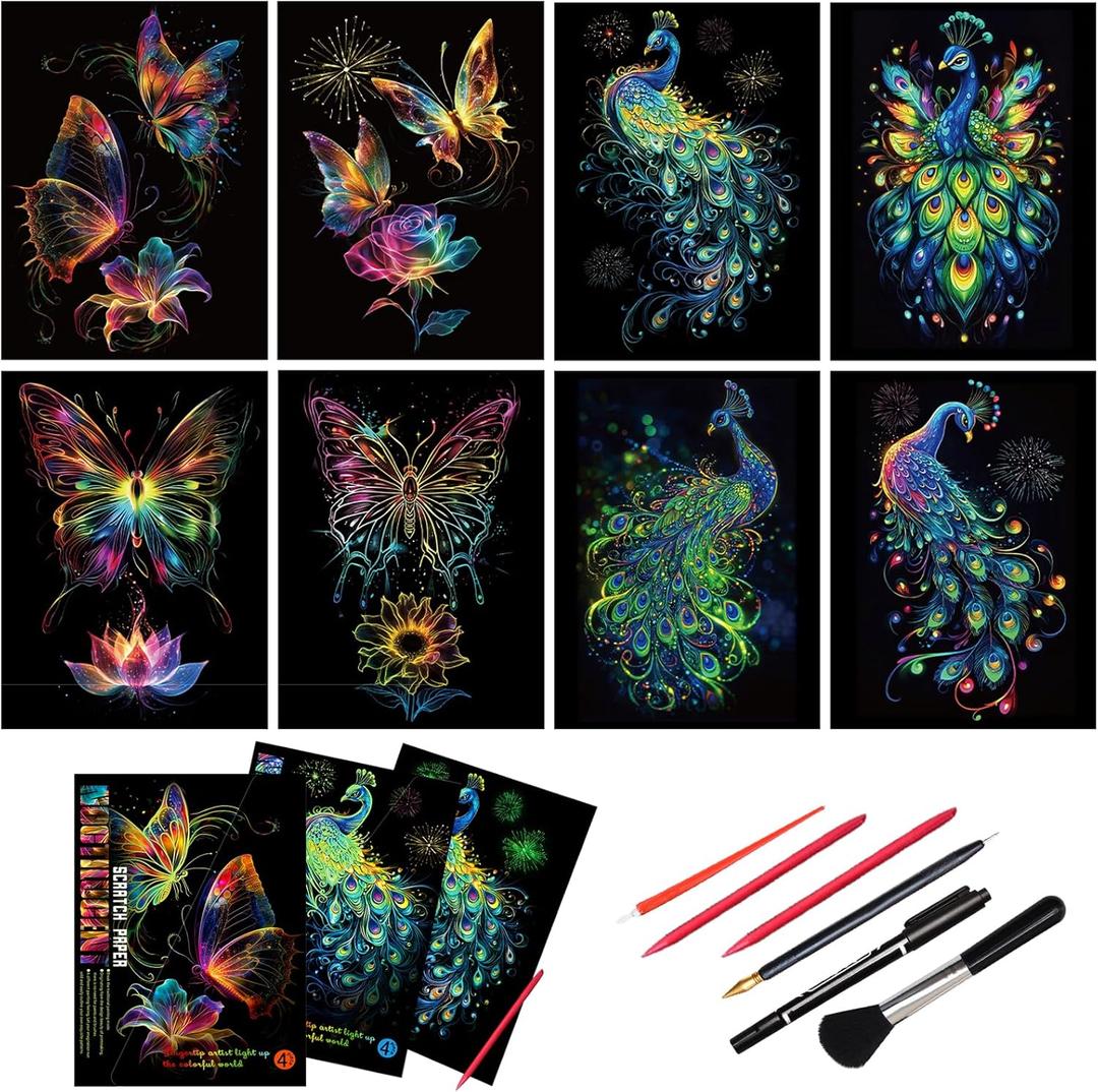 Scratch Art Paper for Adults, 8 Sheets 11.2 x 8.2 inches,Rainbow Scratch Art DIY Craft Gift 5 Paint by Scratch Tools  Butterfly & Peacock