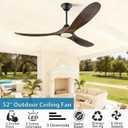 52 Inch Outdoor Smart Ceiling Fan with Lights Damp Rated for patios, 3 Blades Solid Wood, ETL Listed Indoor Exterior, 6-Speed Noiseless Energy Efficient DC Motor Matte Black Finish with Walnut Blades