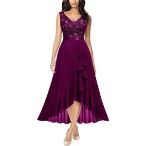 Miusol Women's Vintage V-Neck Sleeveless Sequined Floral Lace Ruffle Split Evening Party Dress (XX-Large, B-maroon)