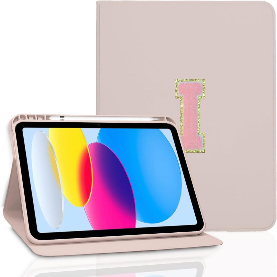 TopPerfekt Case for iPad 11th (A16) 11-inch 2025 / iPad 10th Generation 10.9-inch 2022, Initial Chenille Letter Suture, Cute Case with Auto Sleep/Wake, Support Touch ID, Pencil Holder (Pink, I)