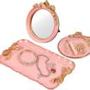Perfume Tray Coquette Room Decor - 3 Pcs Decorative Jewelry Tray & Bow Makeup Mirror, Cute Jewelry Organizers, Aesthetic Anthropologie Hoom Decor for Room Bathroom Dorm, Vintage Gifts for Women, Pink