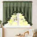 Likiyol Linen Valances for Windows Farmhouse Ruffle Swag Valance Rustic Country Window Valances Light Filtering Kitchen Curtains Rod Pocket Valance Curtains for Bathroom Cafe, Green, 60" W x 36" L