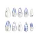 2 x Blue Almond Water Ripple Press-On Nails 24pcs (12 Sizes) with Silver Bows & Glue, Glossy Finish