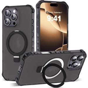 JQRZAOAK for iPhone 16 Pro Max Case with Magnetic Stand [Compatible with Mag-Safe] [Military Drop Tested] Translucent Matte 16 Pro Max Cover with Good Grip Curly Wave Edge for Men 6.3'', Black